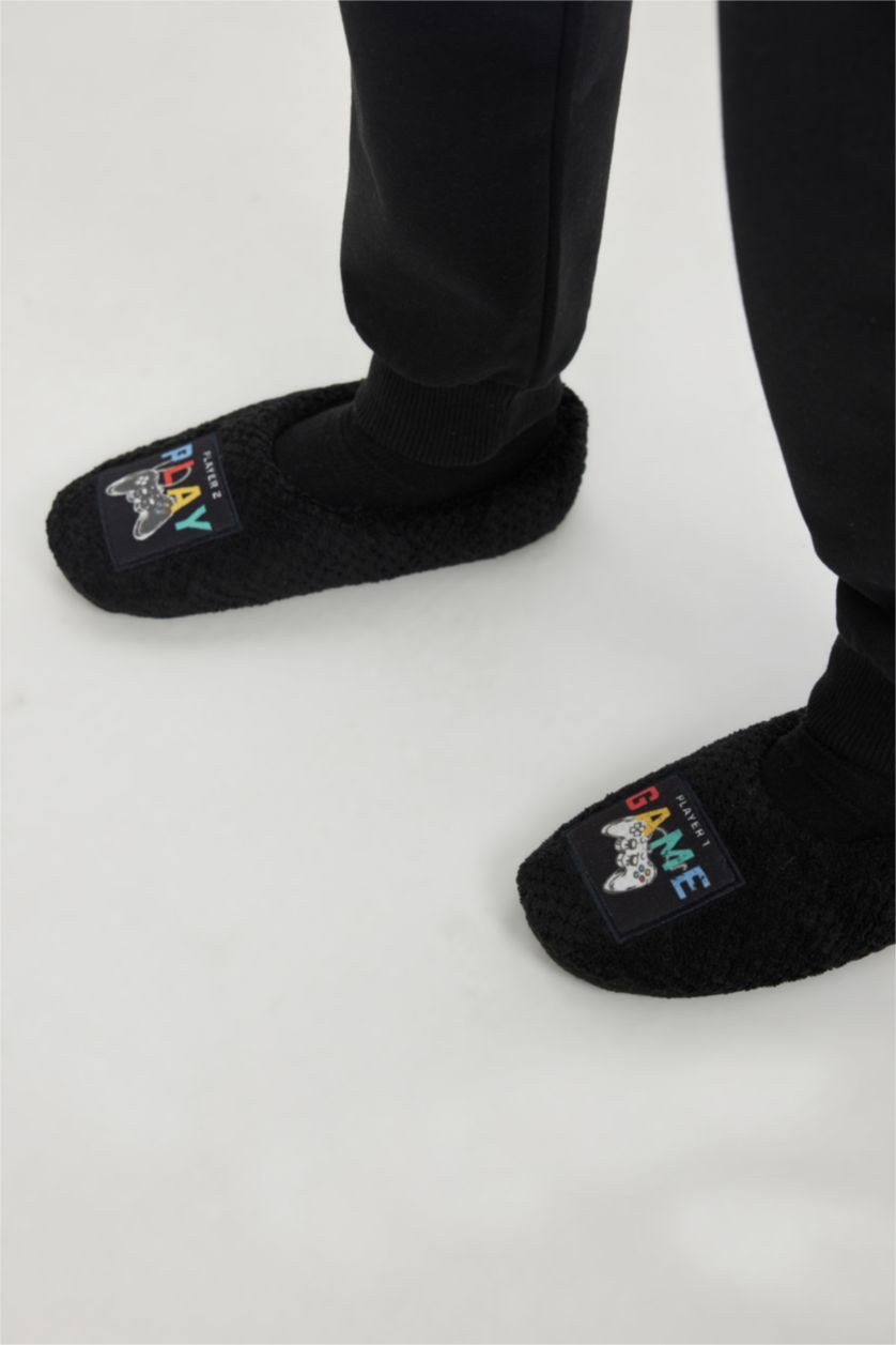 Erkek Çocuk - Genç Erkek Siyah Erkek Çocuk Düz Taban Pelüş Ev Patiği