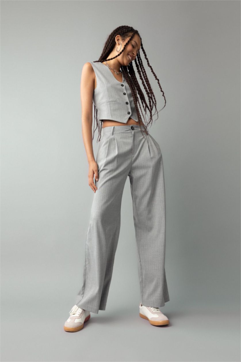 WOMAN Light Grey Melange High Waist Wide Leg Trousers