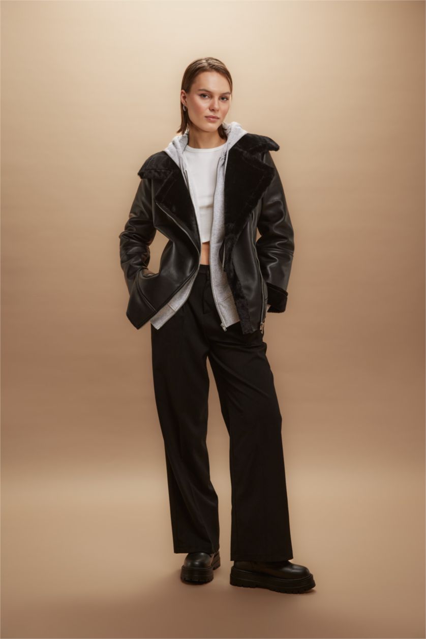 حريمي أسود بنطلون وايد ليج بثلاثة جيوب