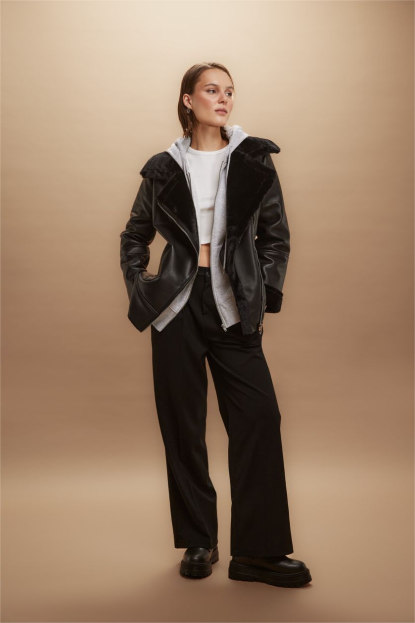 حريمي أسود بنطلون وايد ليج بثلاثة جيوب