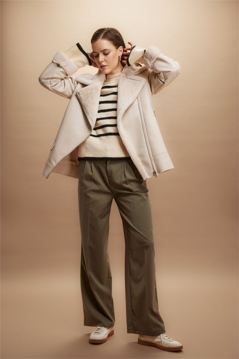 WOMAN Khaki Wide Leg Three Pocket High Waist Standard Trousers