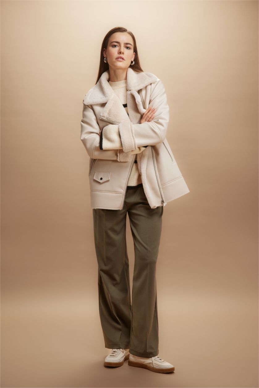 WOMAN Khaki Wide Leg Three Pocket High Waist Standard Trousers