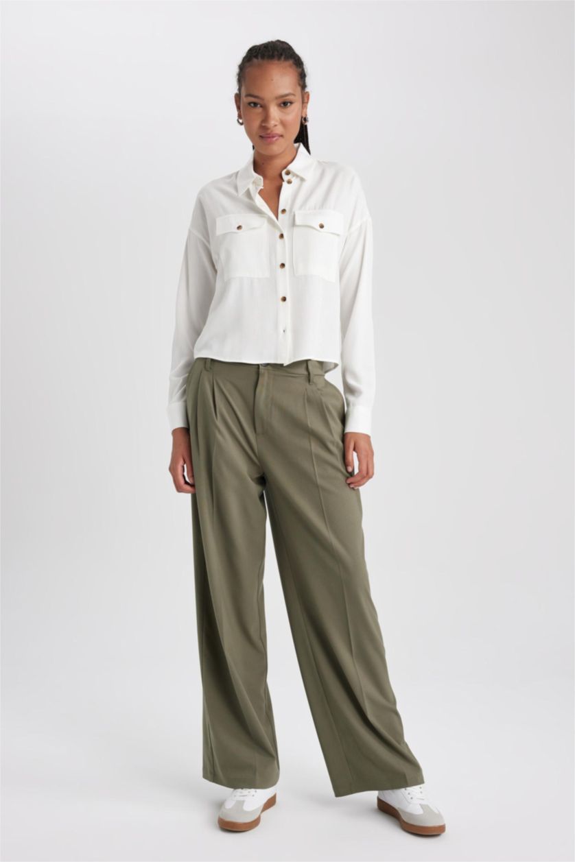 WOMAN Khaki Wide Leg Three Pocket High Waist Standard Trousers
