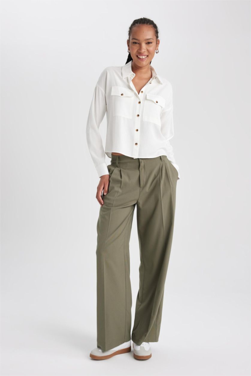 WOMAN Khaki Wide Leg Three Pocket High Waist Standard Trousers