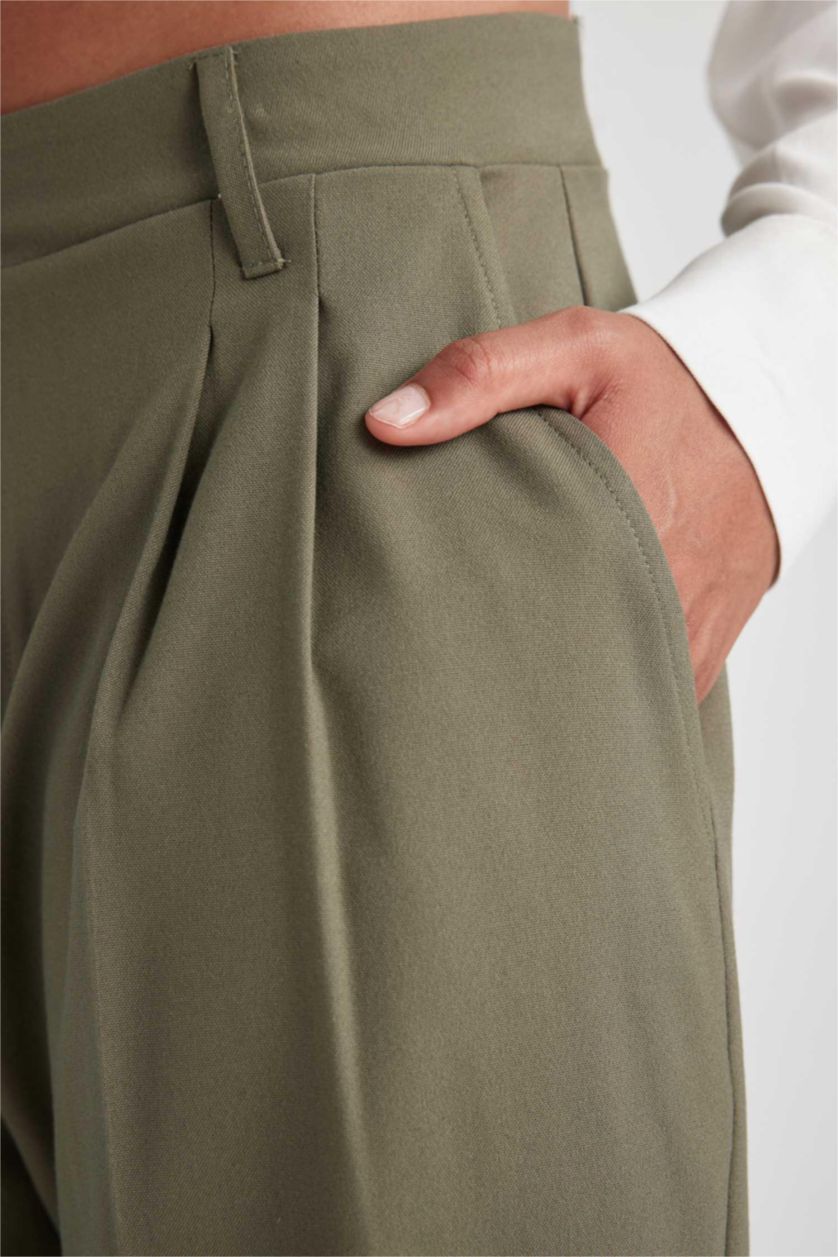 WOMAN Khaki Wide Leg Three Pocket High Waist Standard Trousers