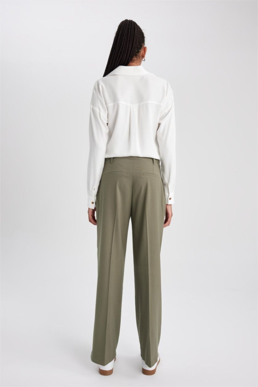 WOMAN Khaki Wide Leg Three Pocket High Waist Standard Trousers