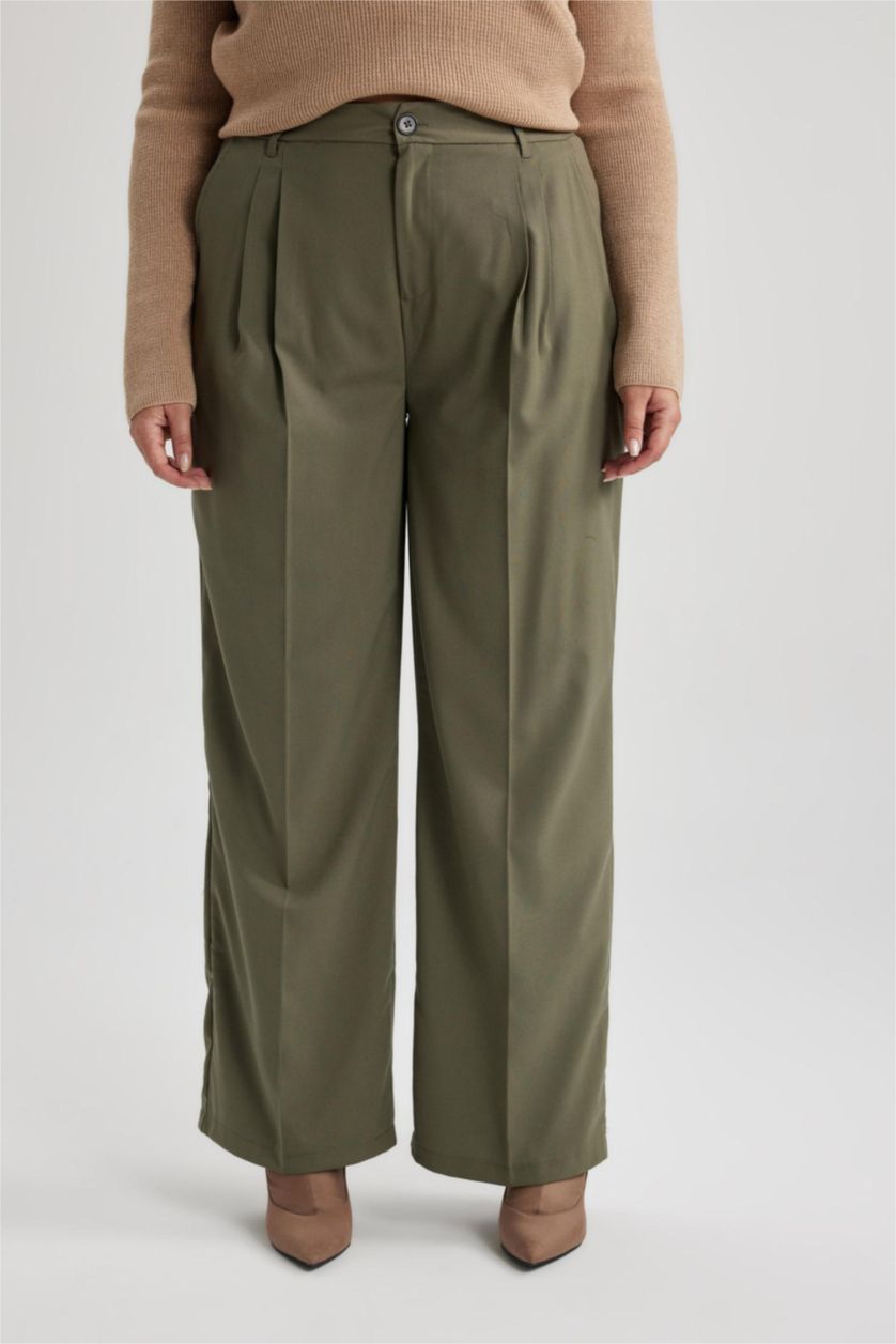 WOMAN Khaki Wide Leg Three Pocket High Waist Standard Trousers