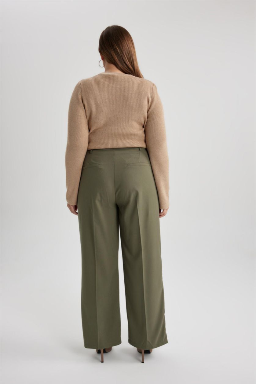 WOMAN Khaki Wide Leg Three Pocket High Waist Standard Trousers