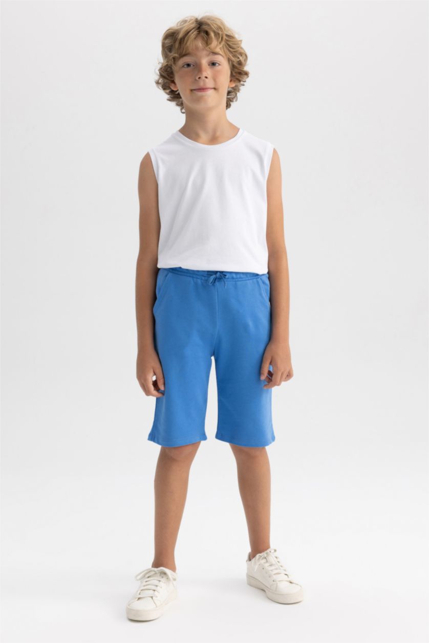 Erkek Çocuk - Genç Erkek Mavi Beli Lastikli Basic Düz Bermuda Şort Erkek Çocuk