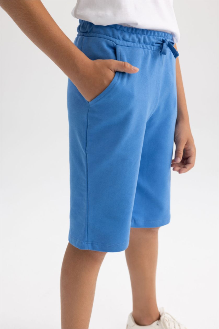 Erkek Çocuk - Genç Erkek Mavi Beli Lastikli Basic Düz Bermuda Şort Erkek Çocuk