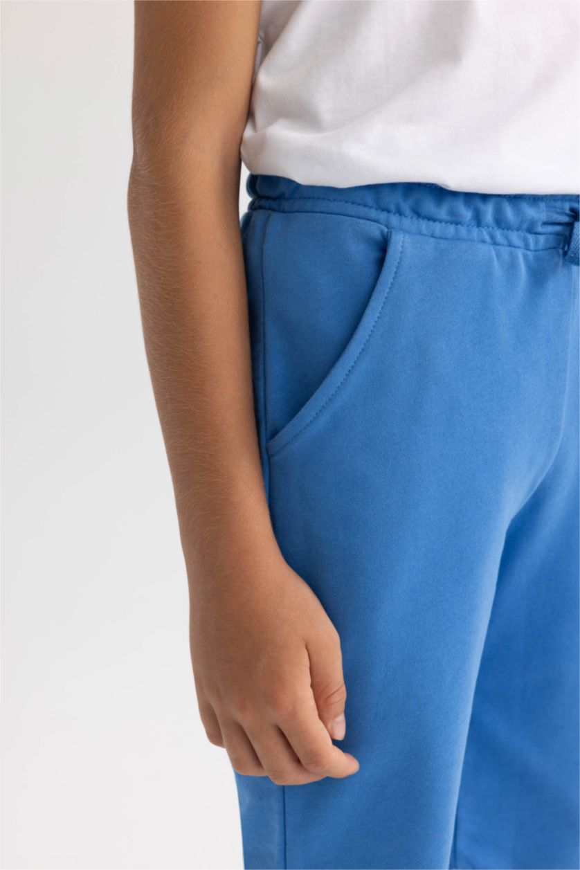 Erkek Çocuk - Genç Erkek Mavi Beli Lastikli Basic Düz Bermuda Şort Erkek Çocuk