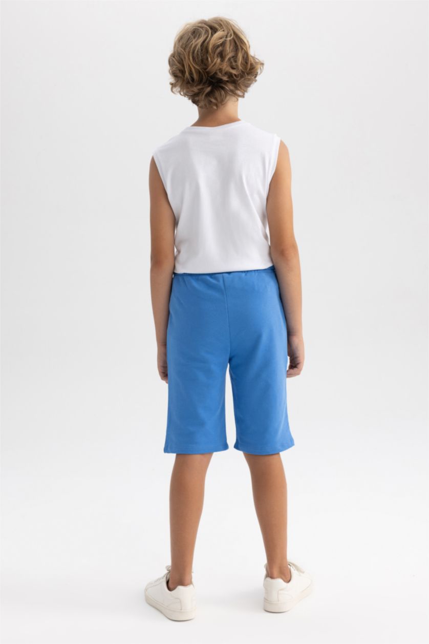 Erkek Çocuk - Genç Erkek Mavi Beli Lastikli Basic Düz Bermuda Şort Erkek Çocuk