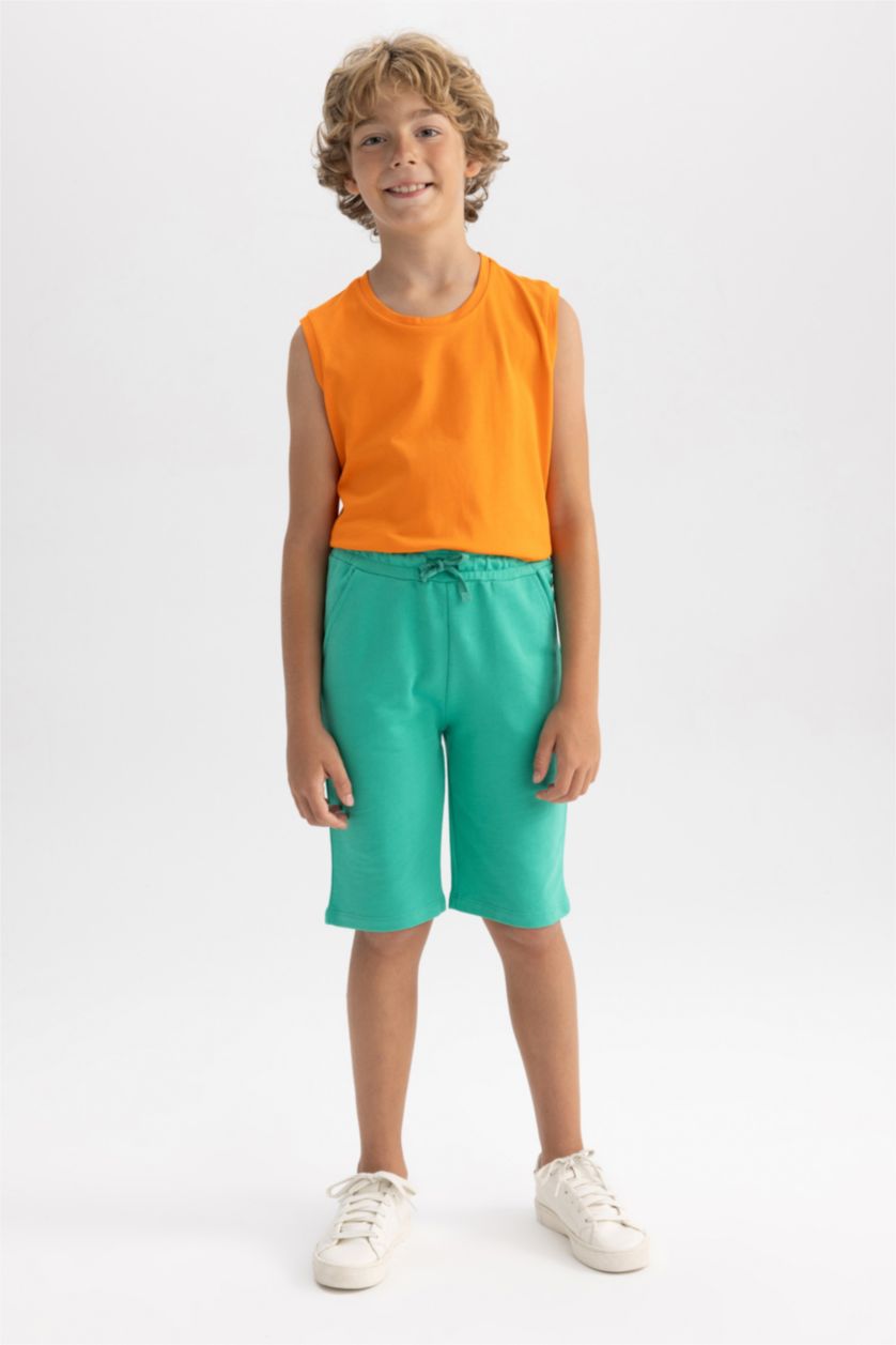 Erkek Çocuk - Genç Erkek Yeşil Beli Lastikli Basic Düz Bermuda Şort Erkek Çocuk
