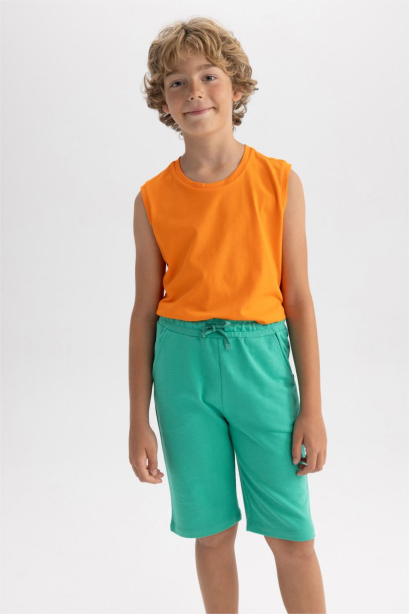 Erkek Çocuk - Genç Erkek Yeşil Beli Lastikli Basic Düz Bermuda Şort Erkek Çocuk
