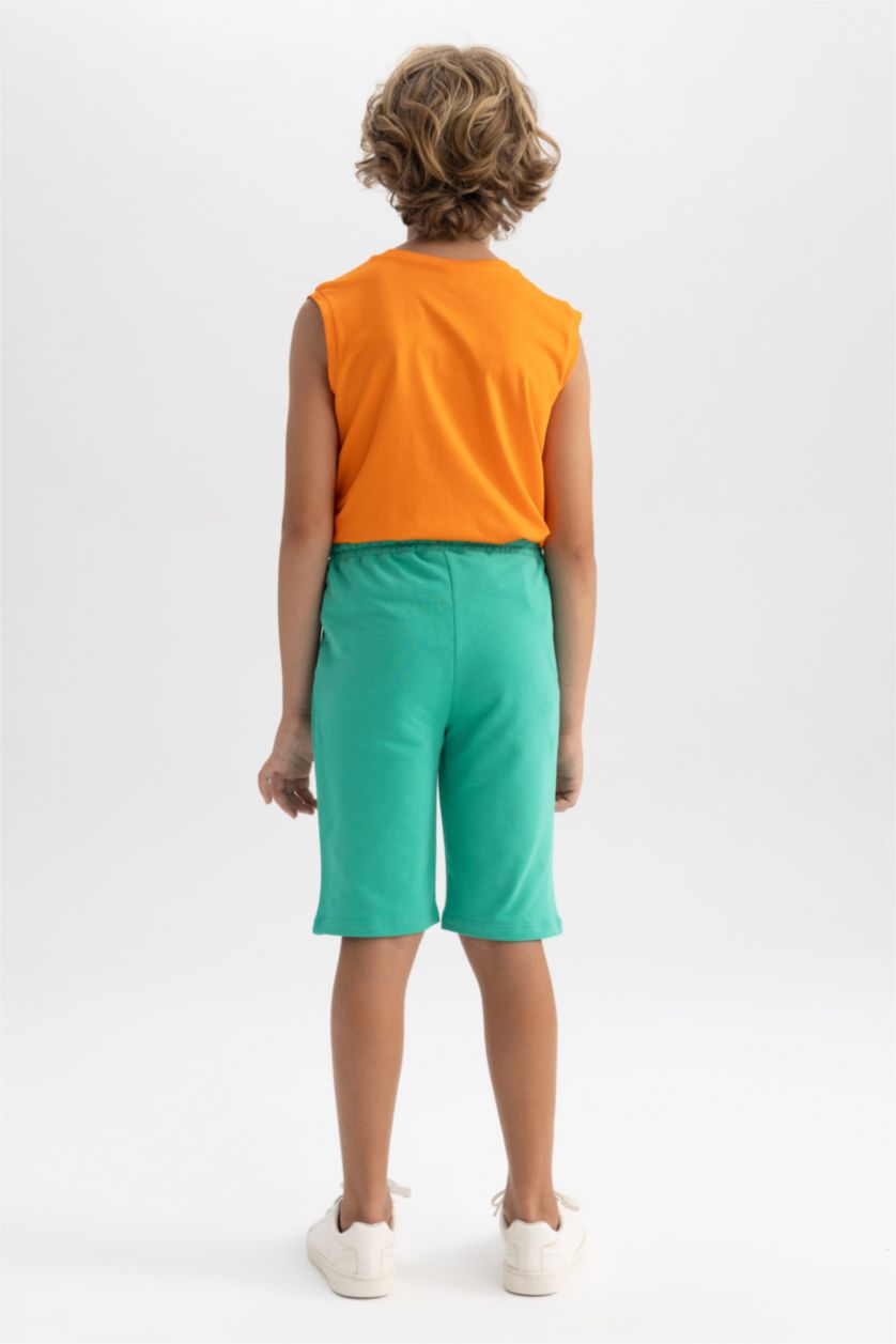 Erkek Çocuk - Genç Erkek Yeşil Beli Lastikli Basic Düz Bermuda Şort Erkek Çocuk
