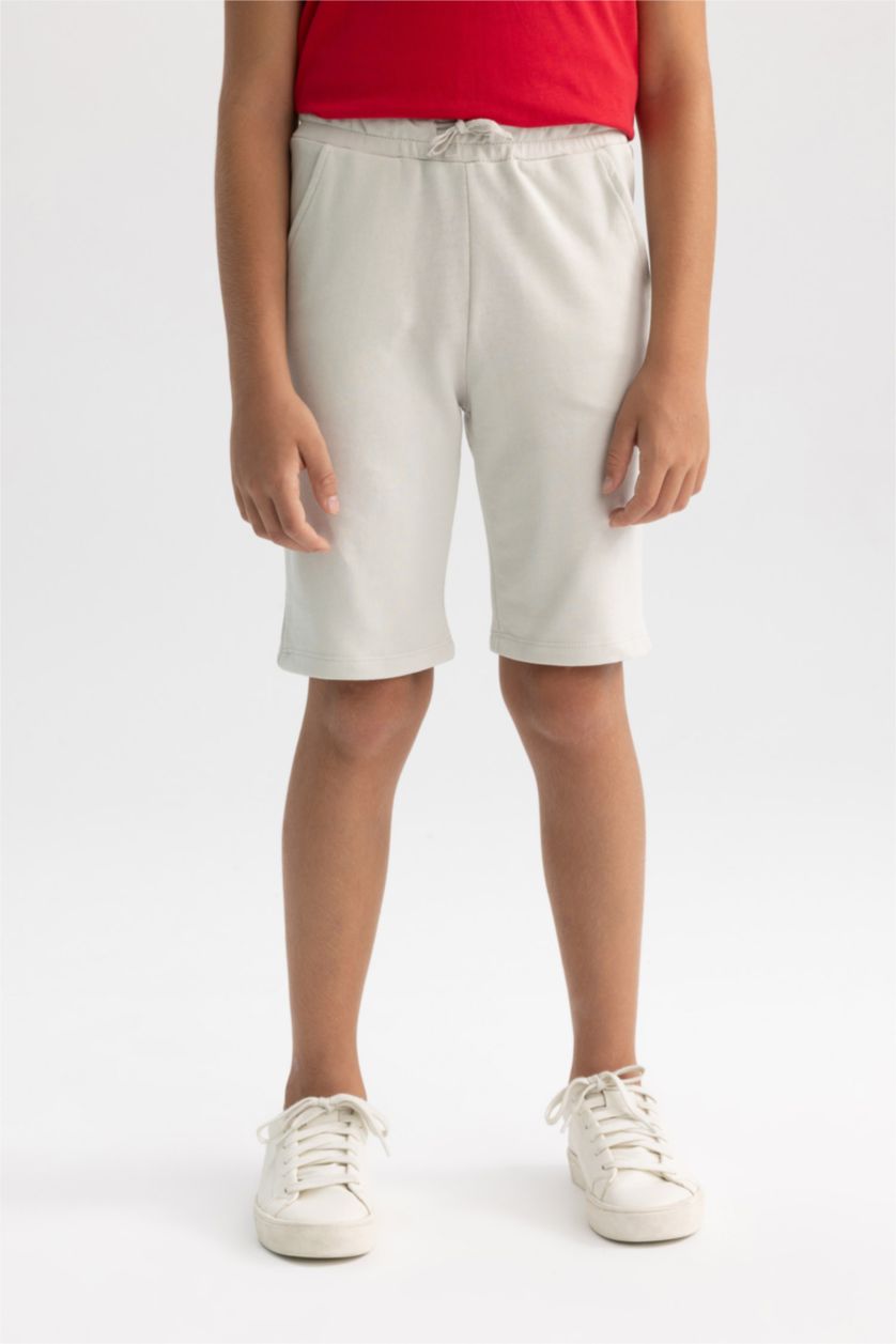 Erkek Çocuk - Genç Erkek Açık Gri Beli Lastikli Basic Düz Bermuda Şort Erkek Çocuk