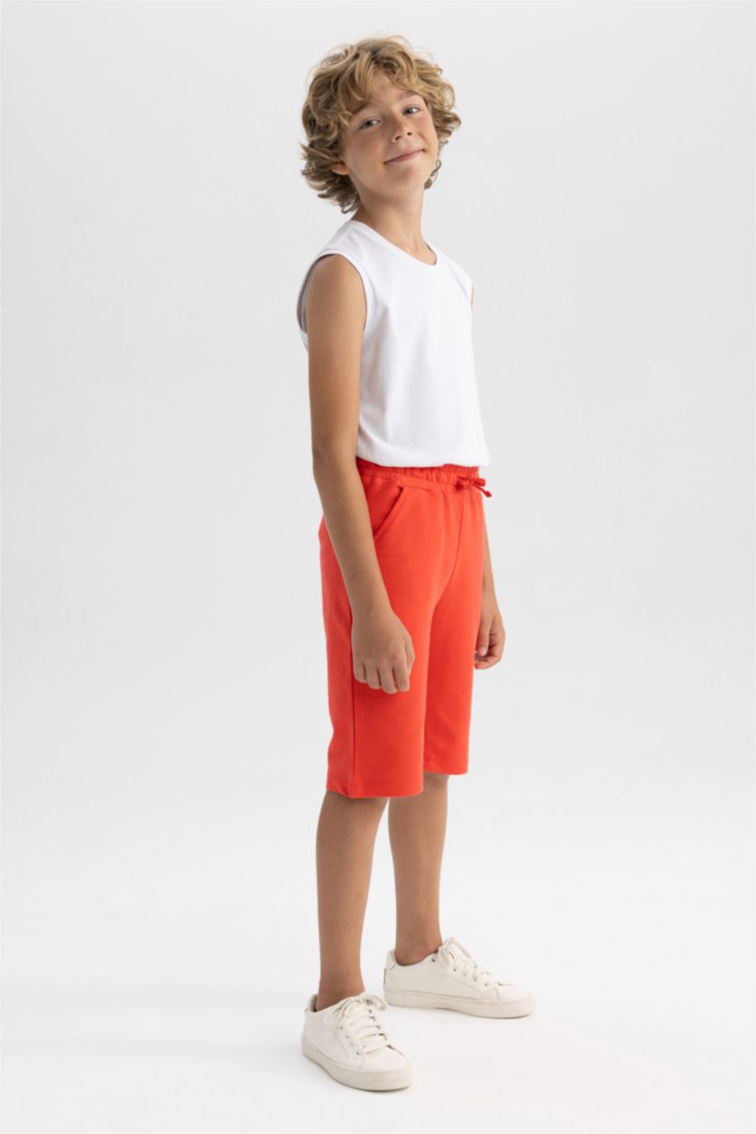 Erkek Çocuk - Genç Erkek Açık Kırmızı Beli Lastikli Basic Düz Bermuda Şort Erkek Çocuk