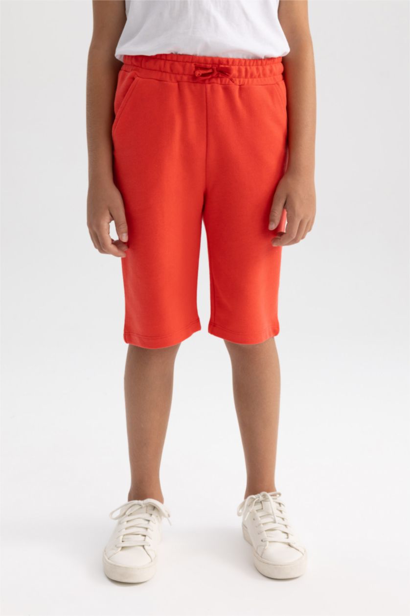Erkek Çocuk - Genç Erkek Açık Kırmızı Beli Lastikli Basic Düz Bermuda Şort Erkek Çocuk