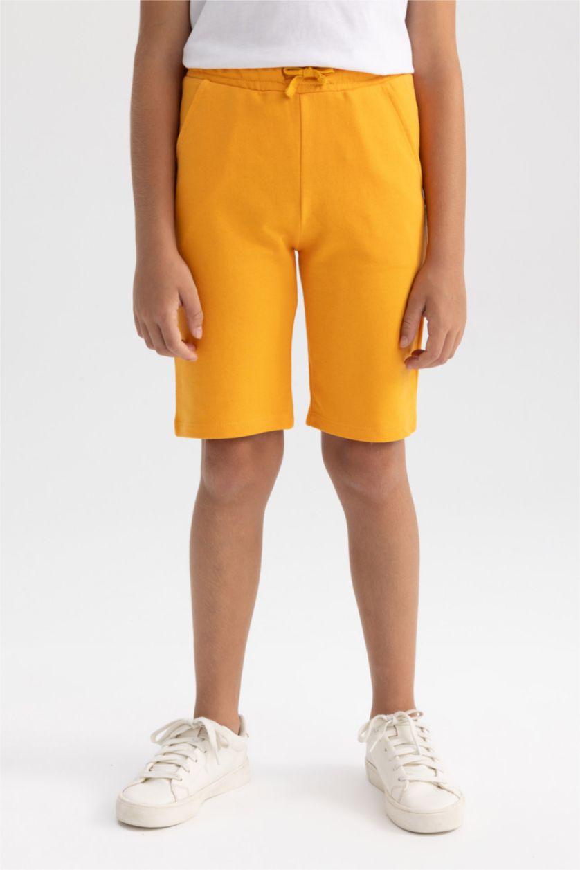 Erkek Çocuk - Genç Erkek Sarı Beli Lastikli Basic Düz Bermuda Şort Erkek Çocuk