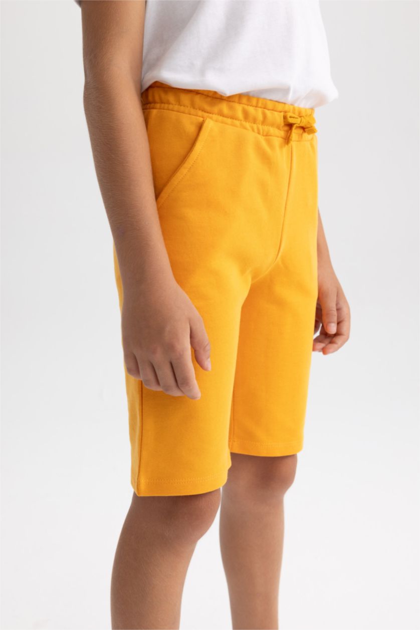 Erkek Çocuk - Genç Erkek Sarı Beli Lastikli Basic Düz Bermuda Şort Erkek Çocuk