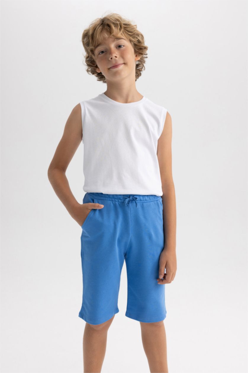 Erkek Çocuk - Genç Erkek Mavi Beli Lastikli Basic Düz Bermuda Şort Erkek Çocuk