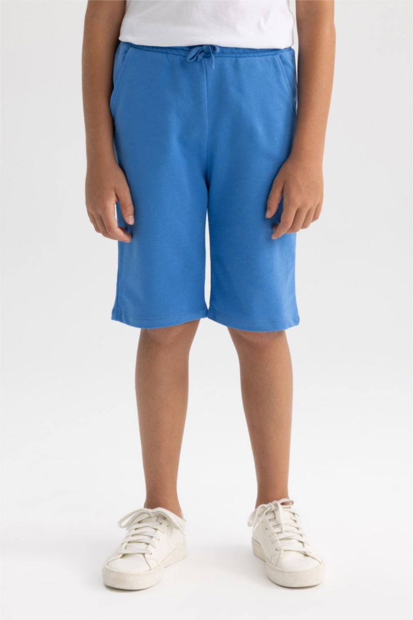 Erkek Çocuk - Genç Erkek Mavi Beli Lastikli Basic Düz Bermuda Şort Erkek Çocuk