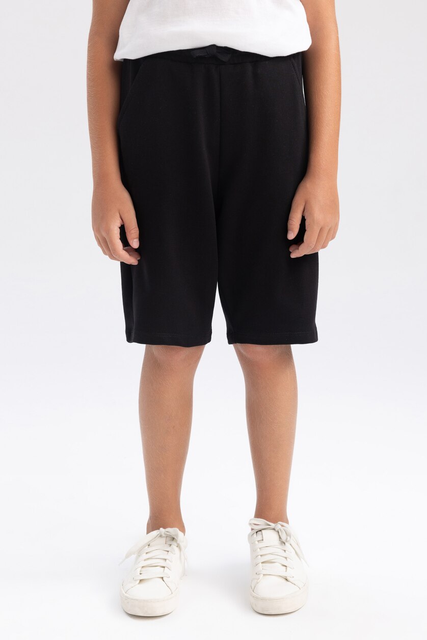 Erkek Çocuk - Genç Erkek Siyah Beli Lastikli Basic Düz Bermuda Şort Erkek Çocuk