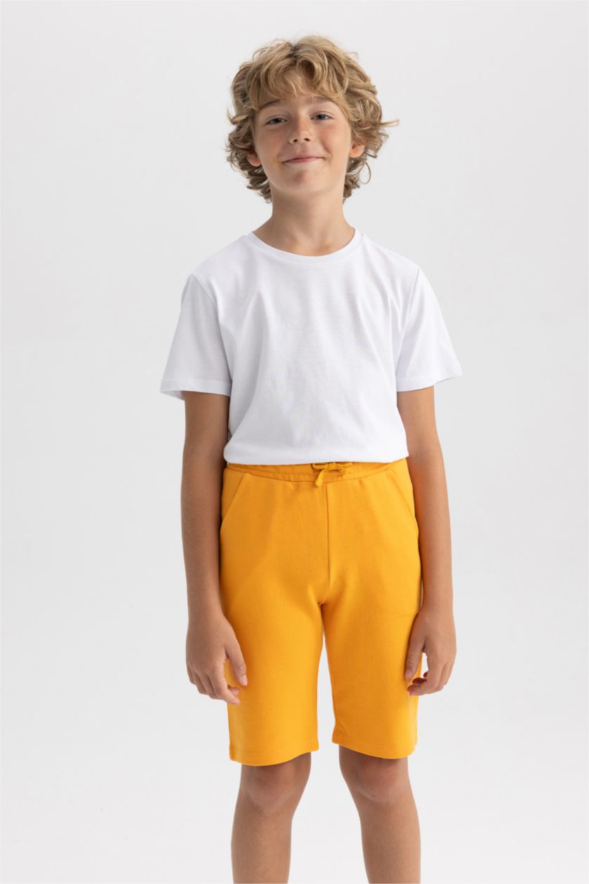 Erkek Çocuk - Genç Erkek Sarı Beli Lastikli Basic Düz Bermuda Şort Erkek Çocuk
