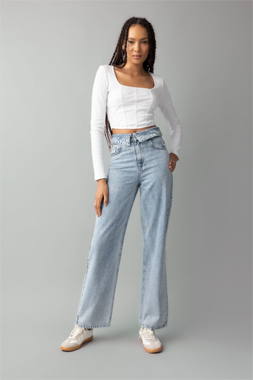 Kadın Beyaz Fıtted Yuvarlak Yaka Fitilli Kaşkorse Uzun Kollu Tişört