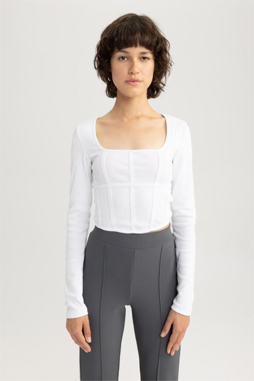 Kadın Beyaz Fıtted Yuvarlak Yaka Fitilli Kaşkorse Uzun Kollu Tişört