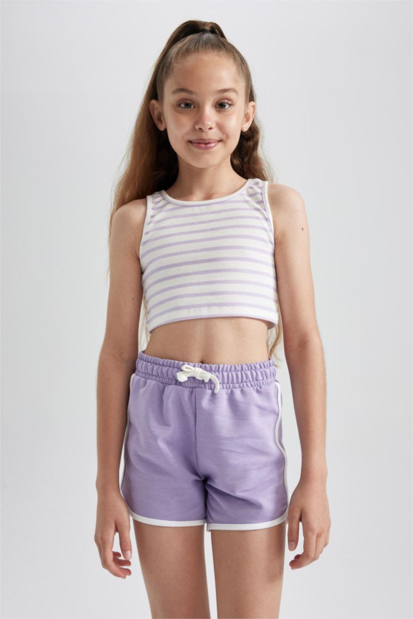 Kız Çocuk - Genç Kız Lila Beli Lastikli Basic Düz Şort Kız Çocuk