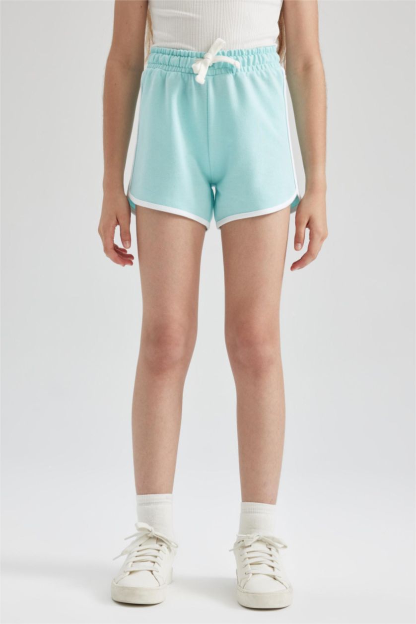 Kız Çocuk - Genç Kız Deniz Mavisi Beli Lastikli Basic Düz Şort Kız Çocuk