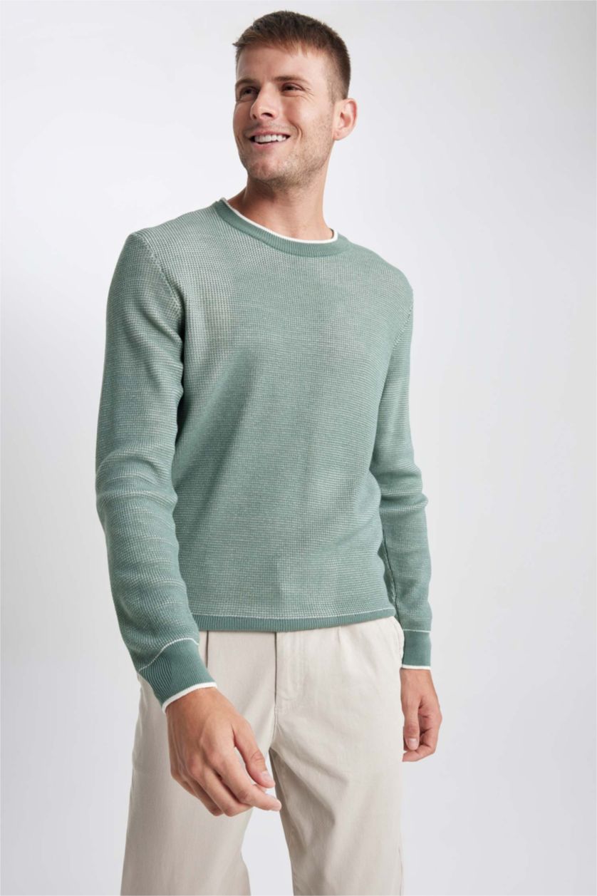 رجالي أخضر بلوفر تريكو قصة عادية برقبة مستديرة