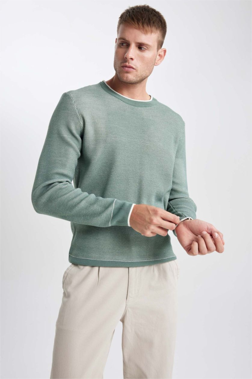 رجالي أخضر بلوفر تريكو قصة عادية برقبة مستديرة