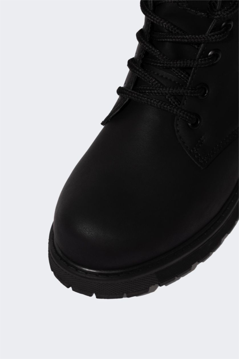 WOMAN Black Women Lace-Up and Zippered Thick Sole Winter Faux Leather Boots