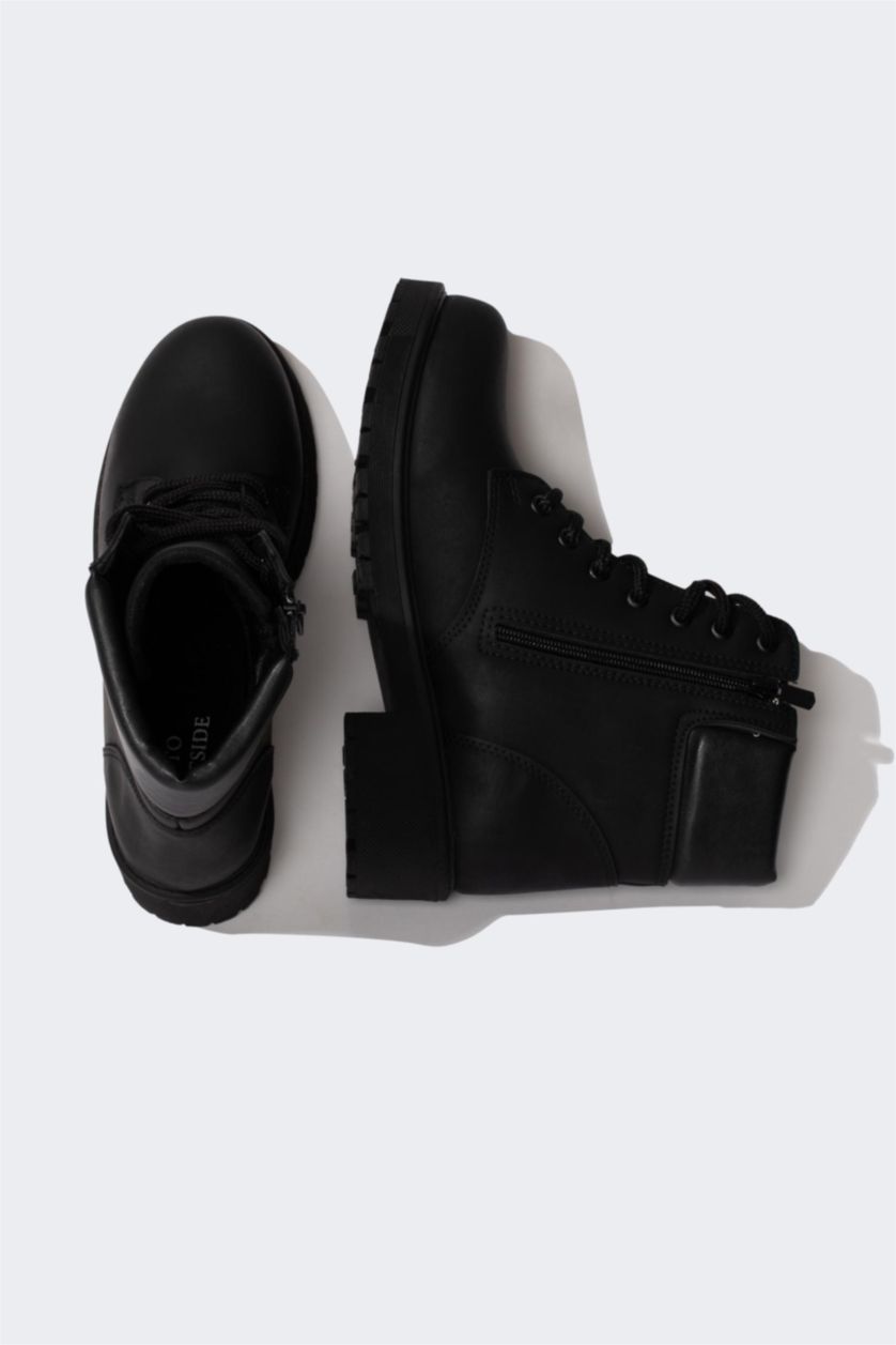 WOMAN Black Women Lace-Up and Zippered Thick Sole Winter Faux Leather Boots