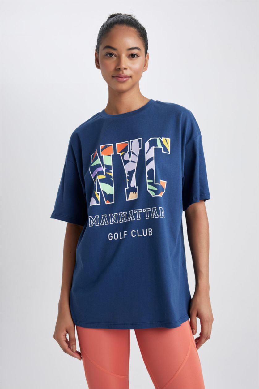 FEMME Indigo T-Shirt Coupe Oversize À Manches Courtes Col Rond De Defactofit