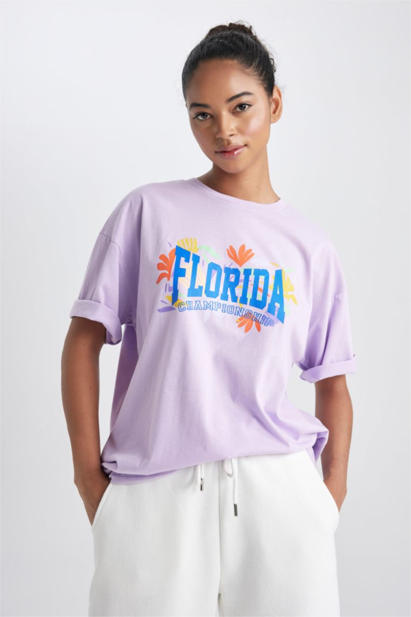 FEMME Violet T-Shirt Coupe Oversize À Manches Courtes Col Rond De Defactofit
