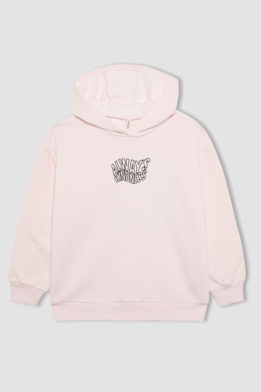 GIRLS & TEENS Light Pink Girl Oversize Fit Printed Hooded Thick Sweatshirt
