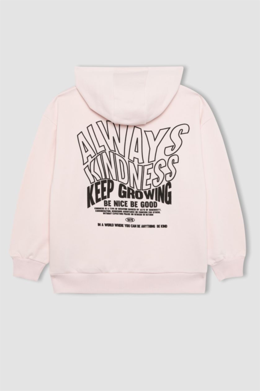 GIRLS & TEENS Light Pink Girl Oversize Fit Printed Hooded Thick Sweatshirt