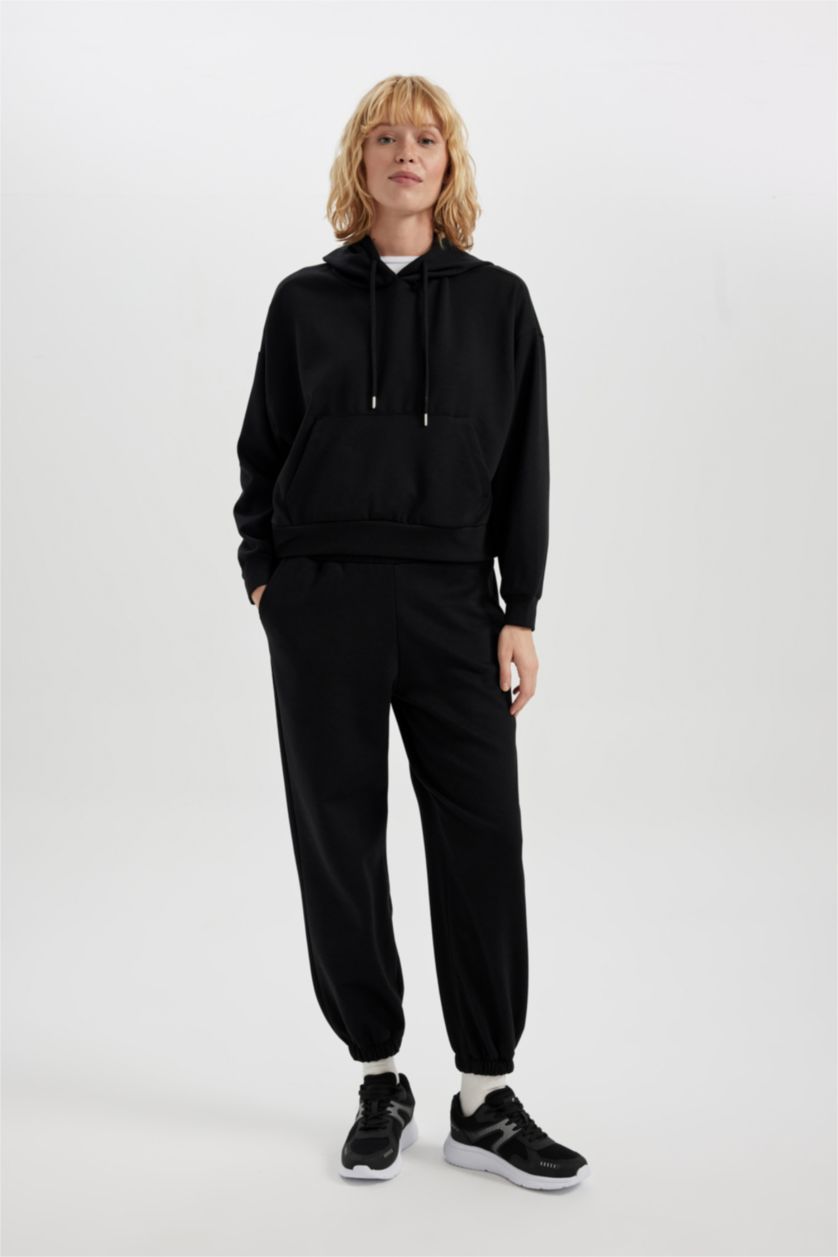 Жіночий Чорний Світшот з капюшоном з кишенею-кенгуру Неопрен для жінок