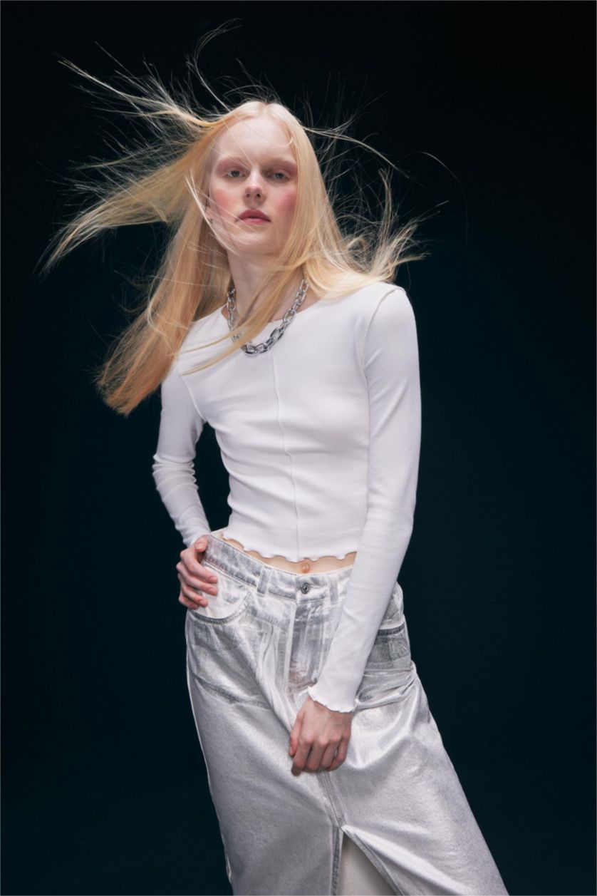 Kadın Kırık Beyaz Fıtted Fitilli Kaşkorse Uzun Kollu Tişört