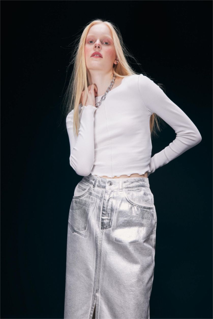 Kadın Kırık Beyaz Fıtted Fitilli Kaşkorse Uzun Kollu Tişört