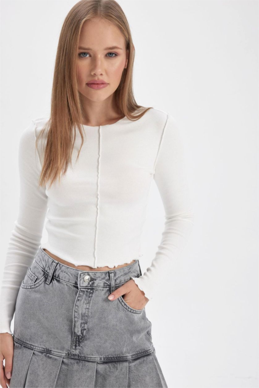 Kadın Kırık Beyaz Fıtted Fitilli Kaşkorse Uzun Kollu Tişört