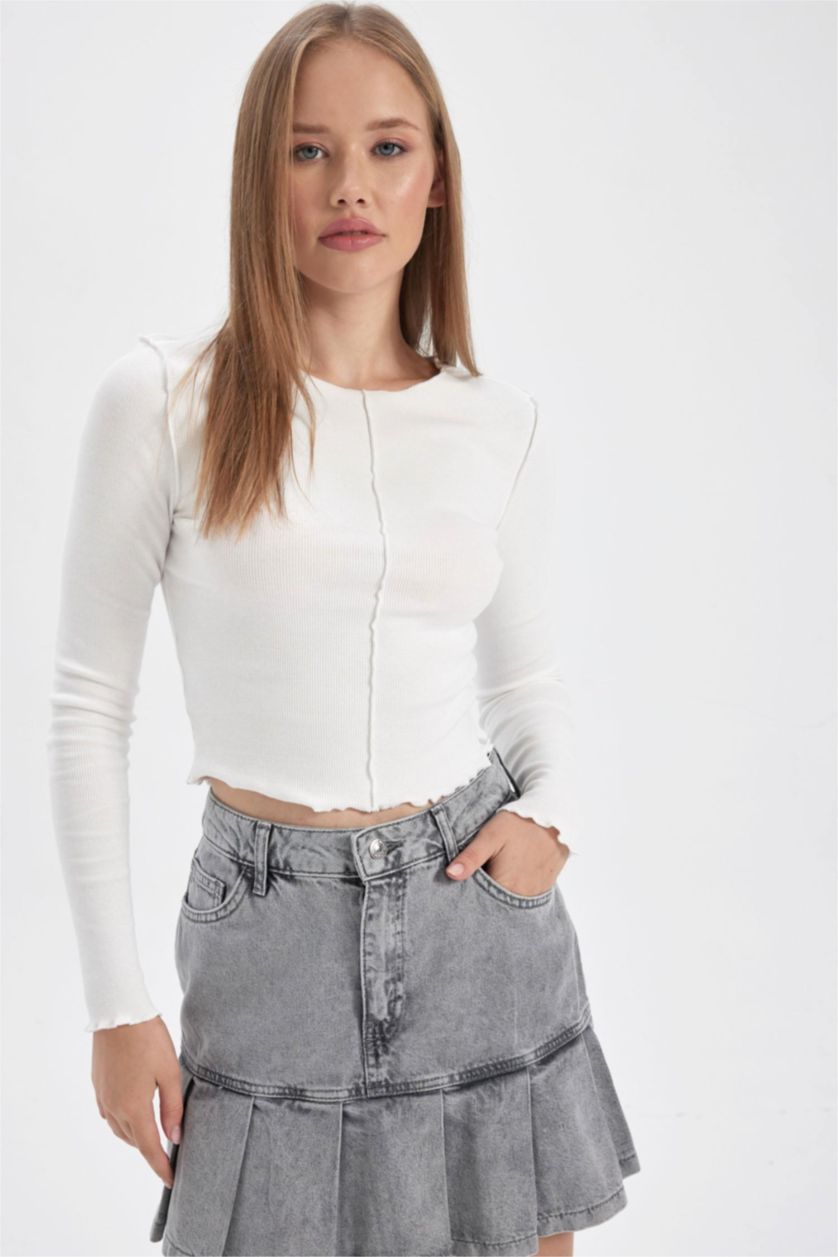 Kadın Kırık Beyaz Fıtted Fitilli Kaşkorse Uzun Kollu Tişört