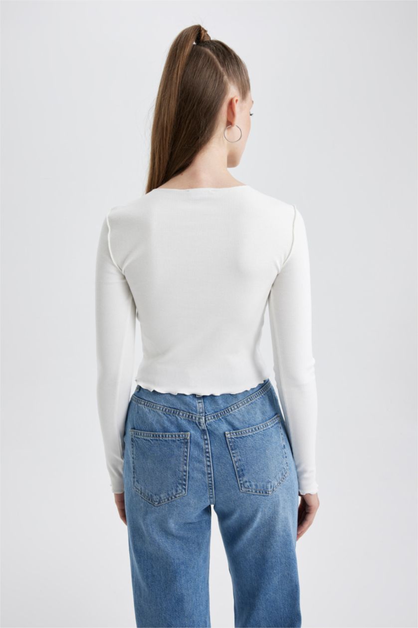 Kadın Kırık Beyaz Fıtted Fitilli Kaşkorse Uzun Kollu Tişört