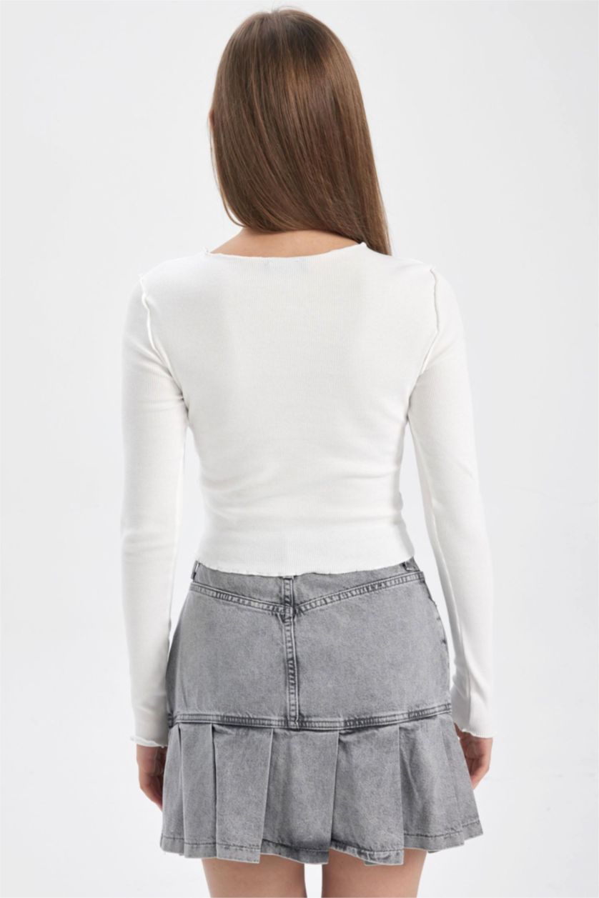 Kadın Kırık Beyaz Fıtted Fitilli Kaşkorse Uzun Kollu Tişört