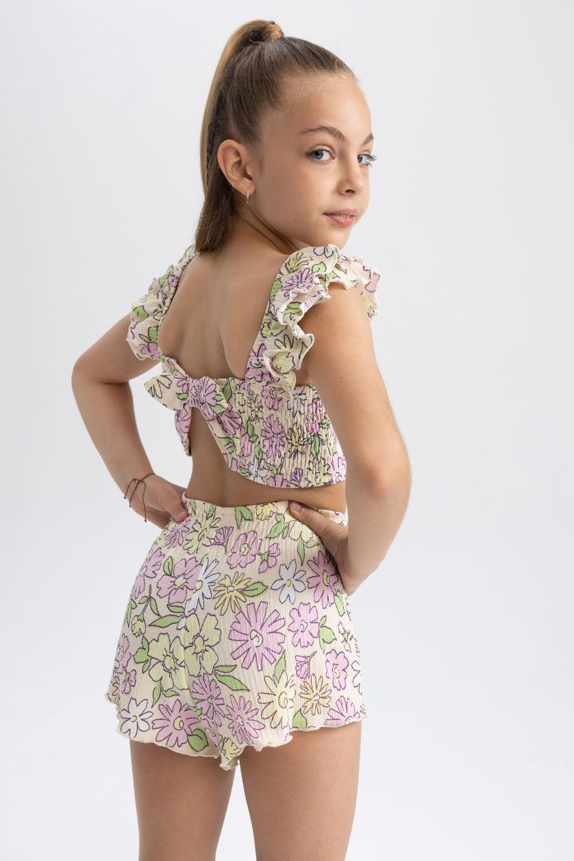 Kız Çocuk - Genç Kız Açık Yeşil Crop Desenli Bürümcük Askılı Bluz Kız Çocuk