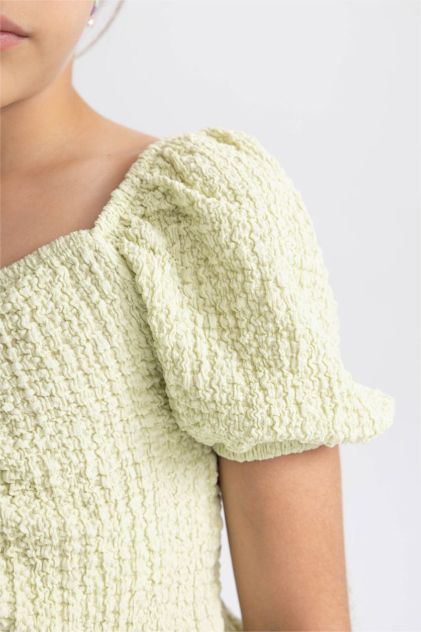 Kız Çocuk - Genç Kız Açık Yeşil Kız Çocuk Crop Bürümcük Kısa Kollu Tişört