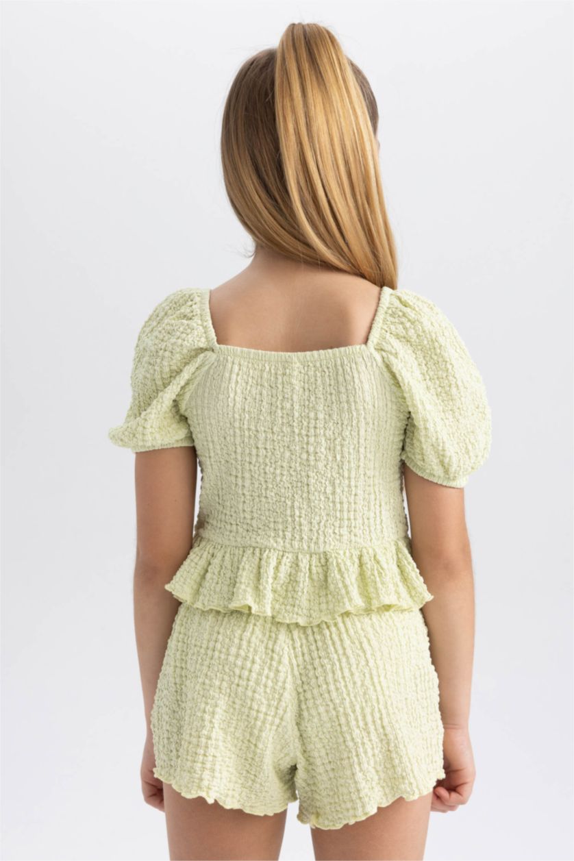 Kız Çocuk - Genç Kız Açık Yeşil Kız Çocuk Crop Bürümcük Kısa Kollu Tişört